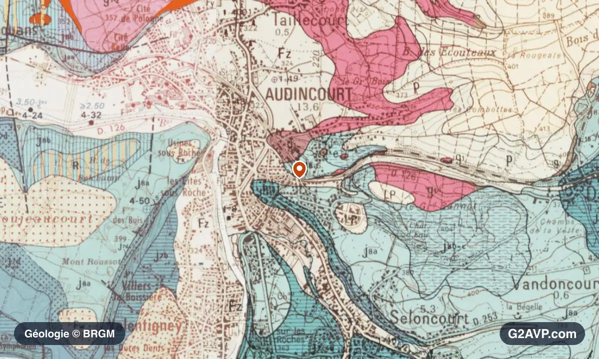 Carte géologique BRGM au 1/50 000 du secteur d'Audincourt : calcaires, marnes et gypse en formations dominantes, repère au centre de la commune