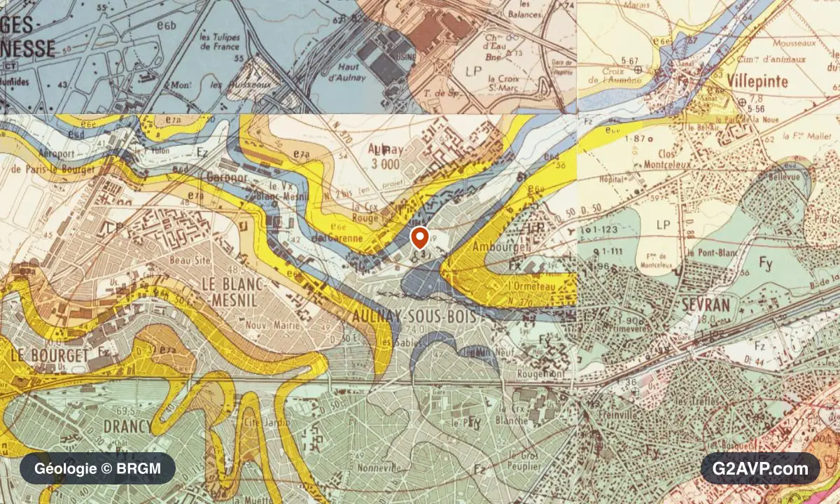 Carte géologique BRGM au 1/50 000 du secteur d'Aulnay-sous-Bois : argiles en formations dominantes, repère au centre de la commune
