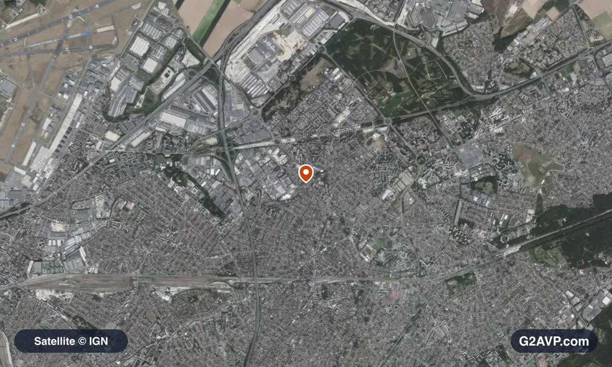 Vue satellite (orthophoto IGN) du secteur d'Aulnay-sous-Bois, même emprise que la carte géologique