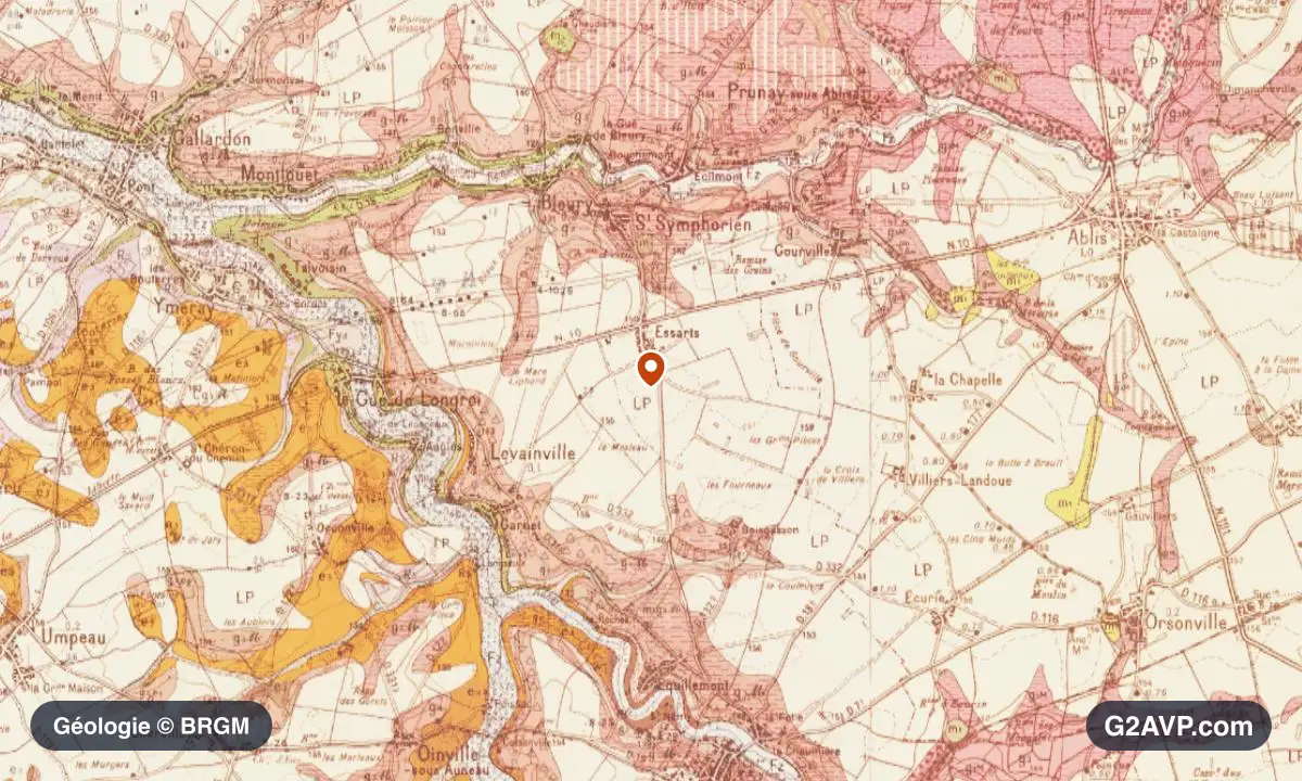 Carte géologique BRGM au 1/50 000 du secteur d'Auneau-Bleury-Saint-Symphorien : calcaires, marnes et gypse en formations dominantes, repère au centre de la commune
