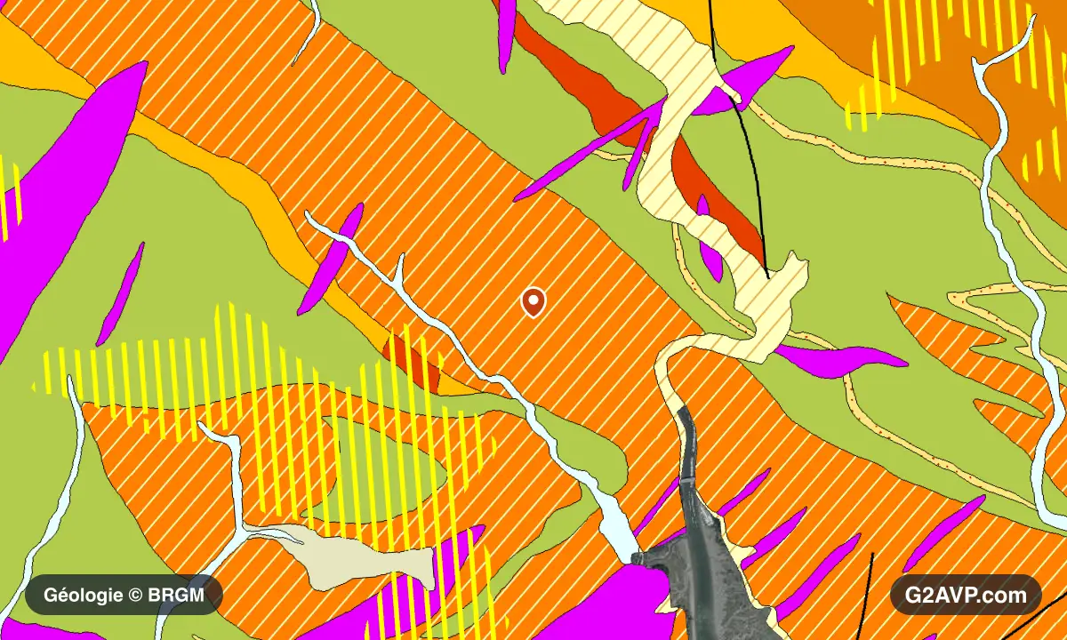 Carte géologique BRGM au 1/50 000 du secteur d'Auray : gneiss en formations dominantes, repère au centre de la commune