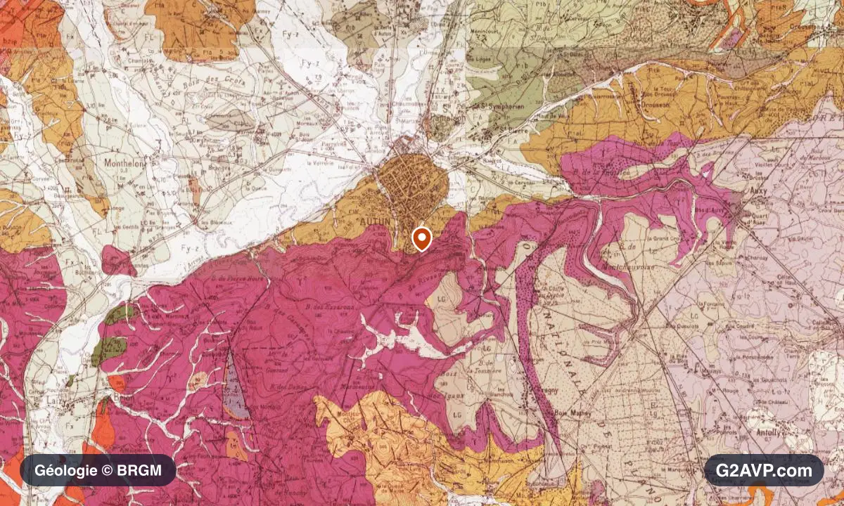Carte géologique BRGM au 1/50 000 du secteur d'Autun : granites en formations dominantes, repère au centre de la commune