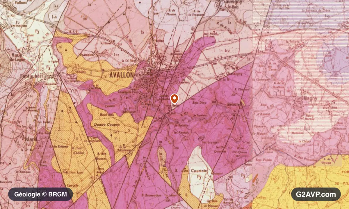Carte géologique BRGM au 1/50 000 du secteur d'Avallon : granites en formations dominantes, repère au centre de la commune