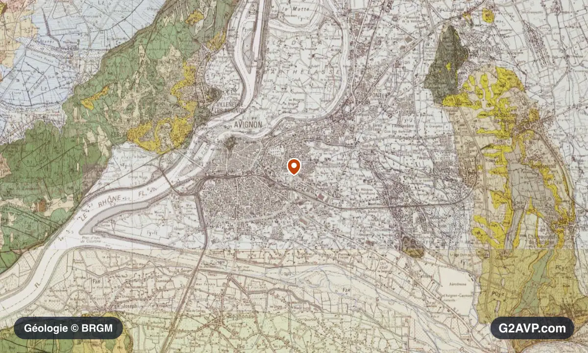 Carte géologique BRGM au 1/50 000 du secteur d'Avignon : sables en formations dominantes, repère au centre de la commune