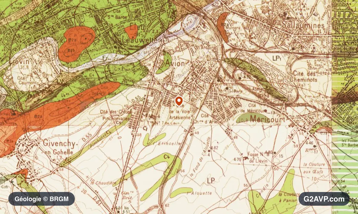 Carte géologique BRGM au 1/50 000 du secteur d'Avion : craie en formations dominantes, repère au centre de la commune