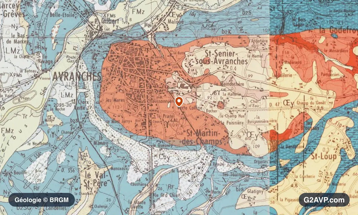 Carte géologique BRGM au 1/50 000 du secteur d'Avranches : granites en formations dominantes, repère au centre de la commune