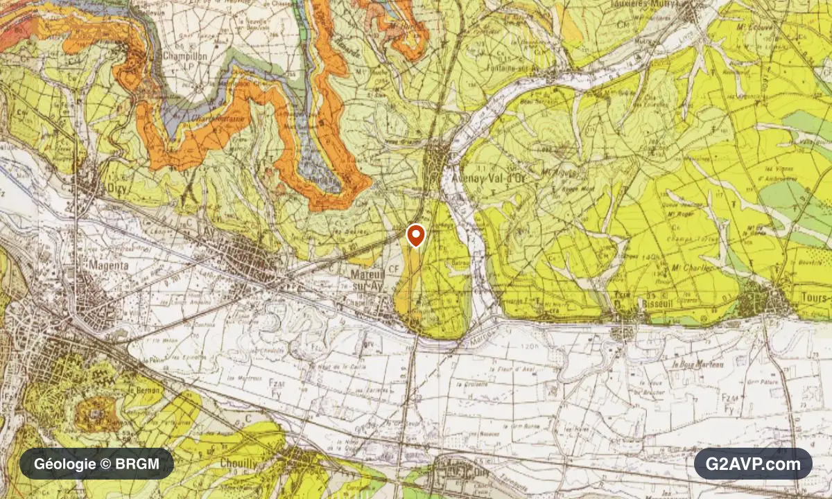 Carte géologique BRGM au 1/50 000 du secteur d'Aÿ-Champagne : craie en formations dominantes, repère au centre de la commune