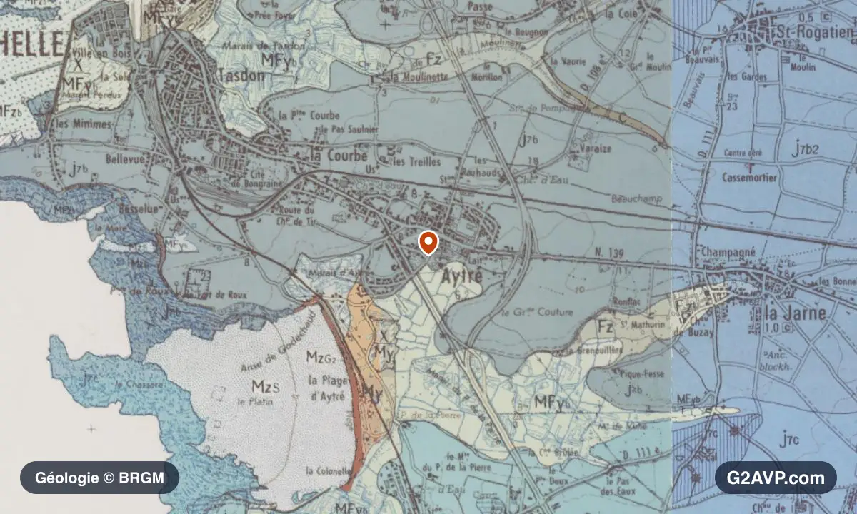 Carte géologique BRGM au 1/50 000 du secteur d'Aytré : calcaires, marnes et gypse en formations dominantes, repère au centre de la commune