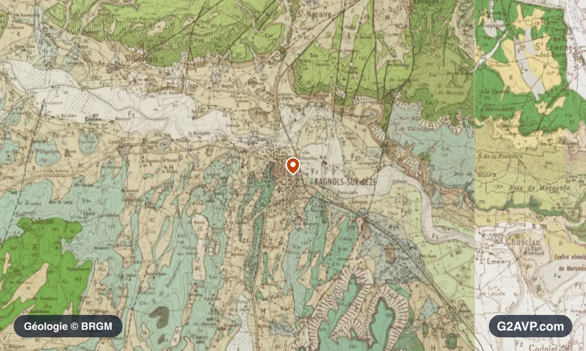 Carte géologique BRGM au 1/50 000 du secteur de Bagnols-sur-Cèze : craie en formations dominantes, repère au centre de la commune