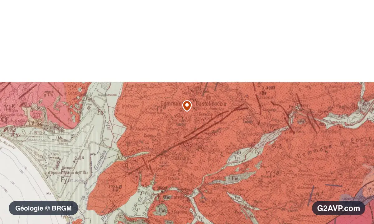 Carte géologique BRGM au 1/50 000 du secteur de Bastelicaccia : sables en formations dominantes, repère au centre de la commune