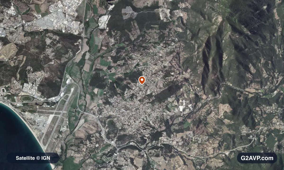 Vue satellite (orthophoto IGN) du secteur de Bastelicaccia, même emprise que la carte géologique