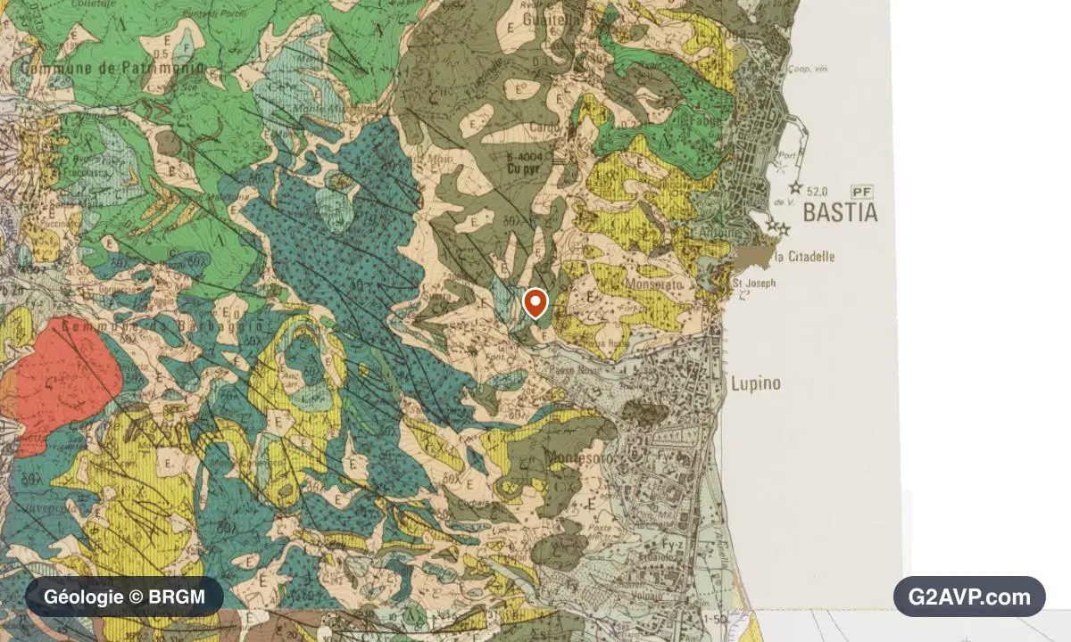 Carte géologique BRGM au 1/50 000 du secteur de Bastia : granites en formations dominantes, repère au centre de la commune