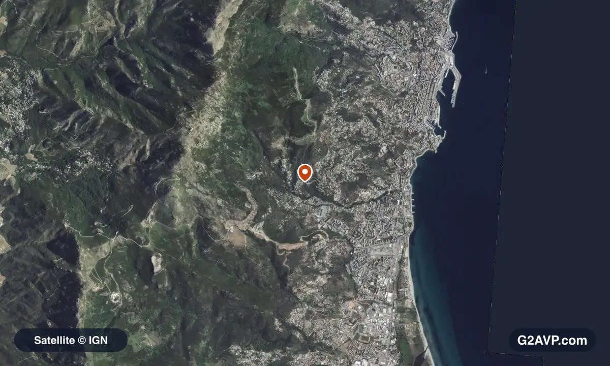 Vue satellite (orthophoto IGN) du secteur de Bastia, même emprise que la carte géologique