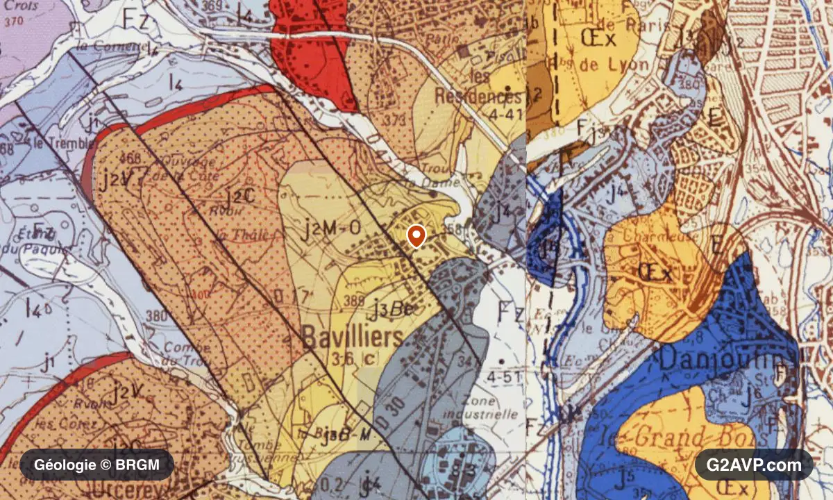 Carte géologique BRGM au 1/50 000 du secteur de Bavilliers : calcaires, marnes et gypse en formations dominantes, repère au centre de la commune