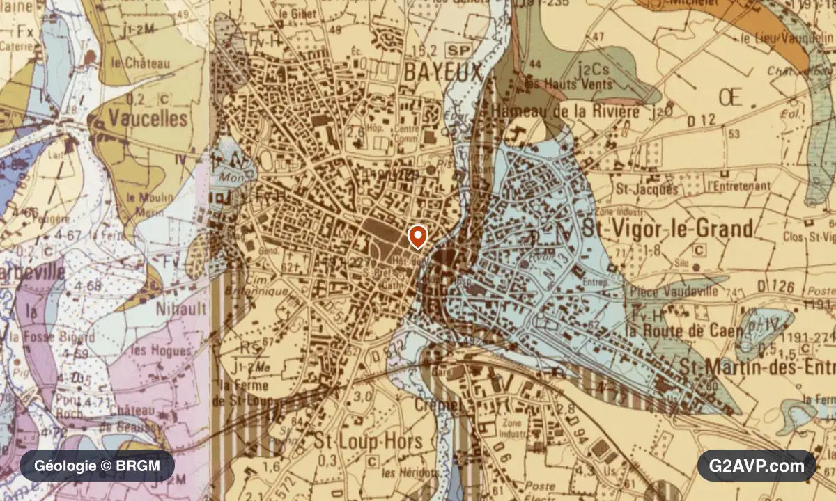Carte géologique BRGM au 1/50 000 du secteur de Bayeux : calcaires, marnes et gypse en formations dominantes, repère au centre de la commune