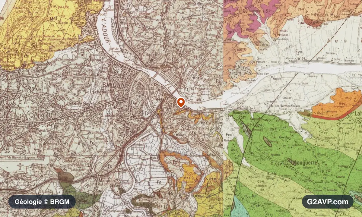 Carte géologique BRGM au 1/50 000 du secteur de Bayonne : argiles en formations dominantes, repère au centre de la commune