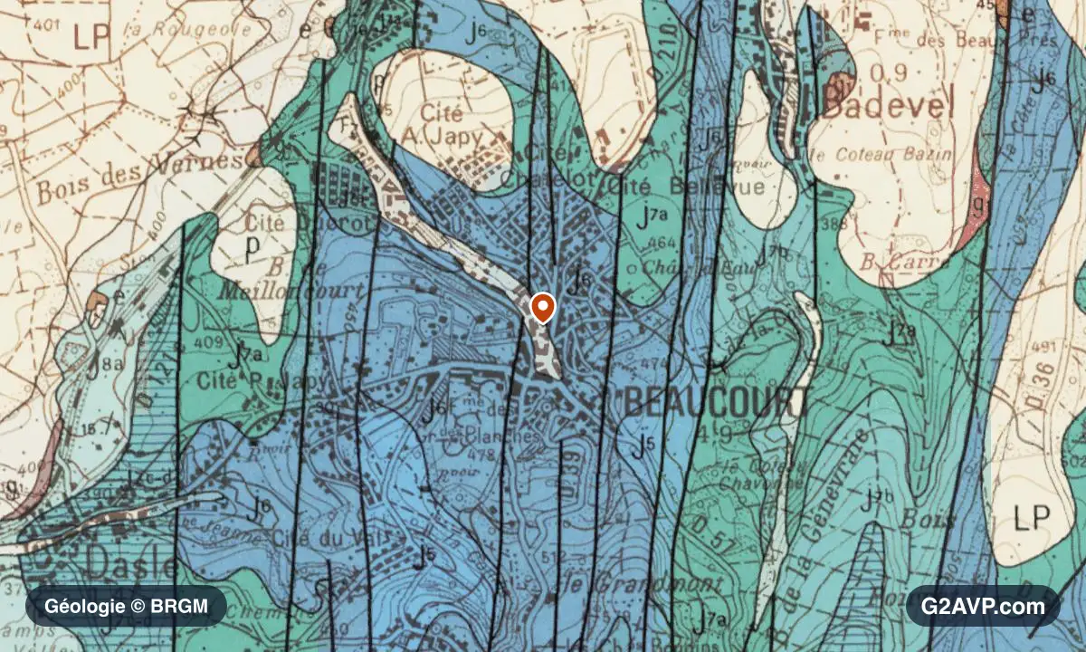 Carte géologique BRGM au 1/50 000 du secteur de Beaucourt : calcaires, marnes et gypse en formations dominantes, repère au centre de la commune