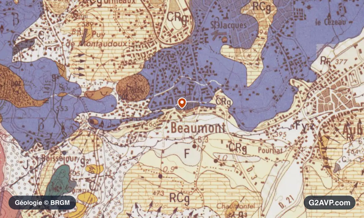 Carte géologique BRGM au 1/50 000 du secteur de Beaumont : sables en formations dominantes, repère au centre de la commune