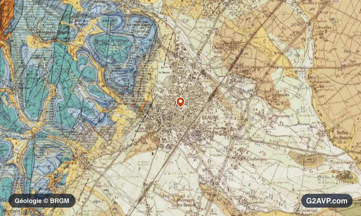Carte géologique BRGM au 1/50 000 du secteur de Beaune : argiles en formations dominantes, repère au centre de la commune