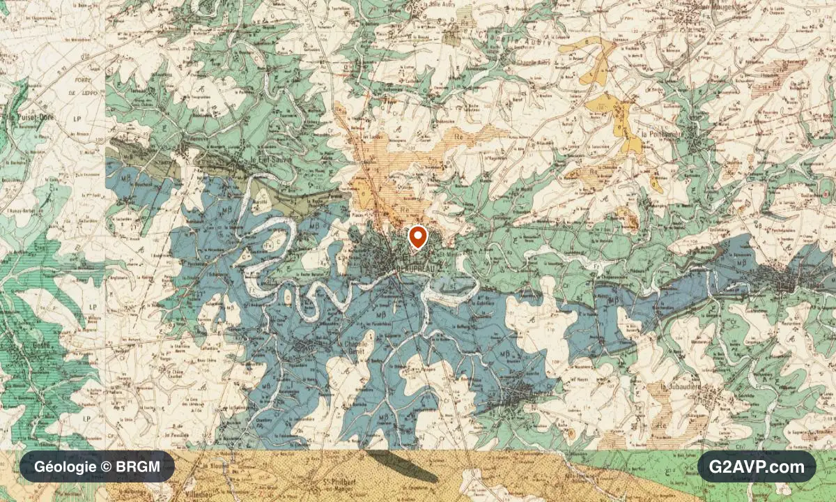 Carte géologique BRGM au 1/50 000 du secteur de Beaupréau-en-Mauges : basaltes et rhyolites en formations dominantes, repère au centre de la commune
