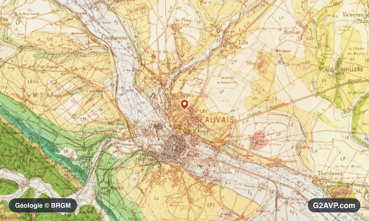 Carte géologique BRGM au 1/50 000 du secteur de Beauvais : craie en formations dominantes, repère au centre de la commune