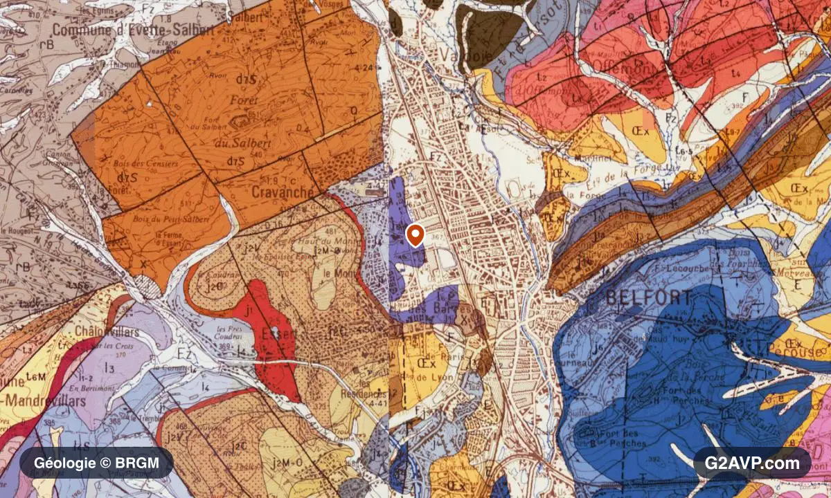 Carte géologique BRGM au 1/50 000 du secteur de Belfort : calcaires, marnes et gypse en formations dominantes, repère au centre de la commune