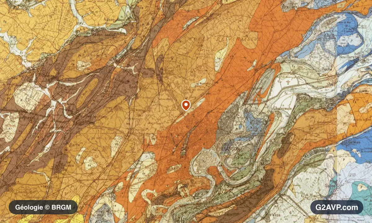 Carte géologique BRGM au 1/50 000 du secteur de Besançon : calcaires, marnes et gypse en formations dominantes, repère au centre de la commune