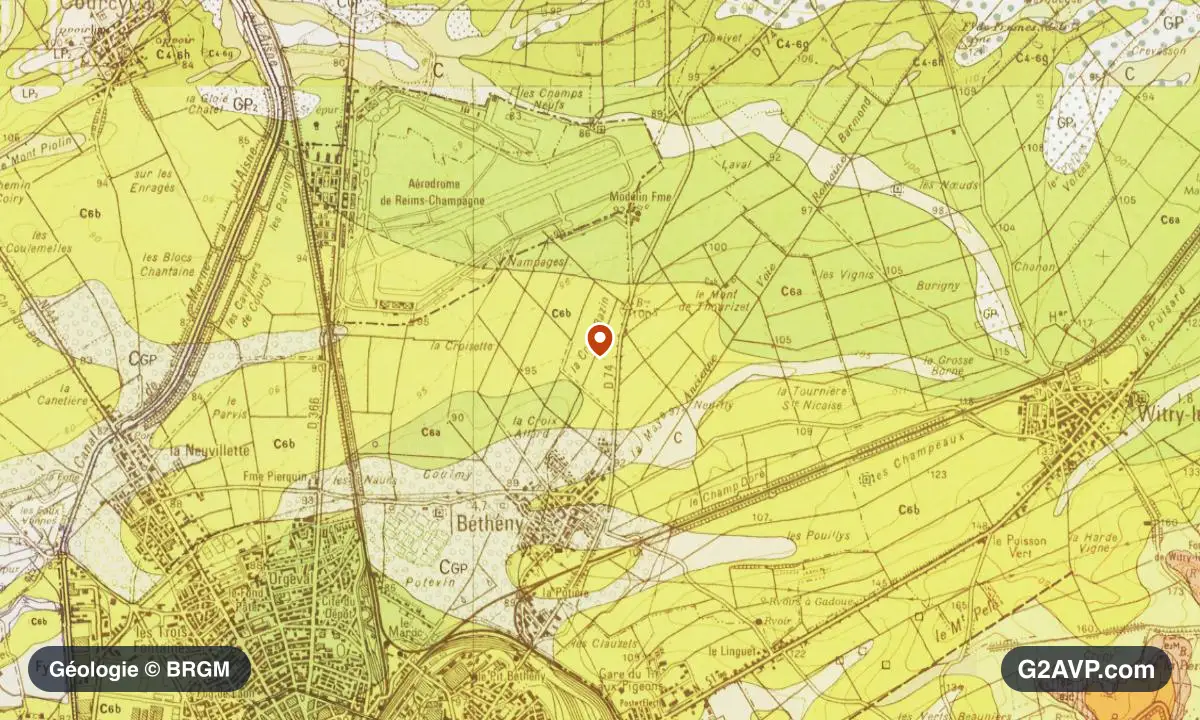 Carte géologique BRGM au 1/50 000 du secteur de Bétheny : craie en formations dominantes, repère au centre de la commune