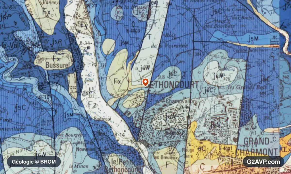 Carte géologique BRGM au 1/50 000 du secteur de Bethoncourt : calcaires, marnes et gypse en formations dominantes, repère au centre de la commune