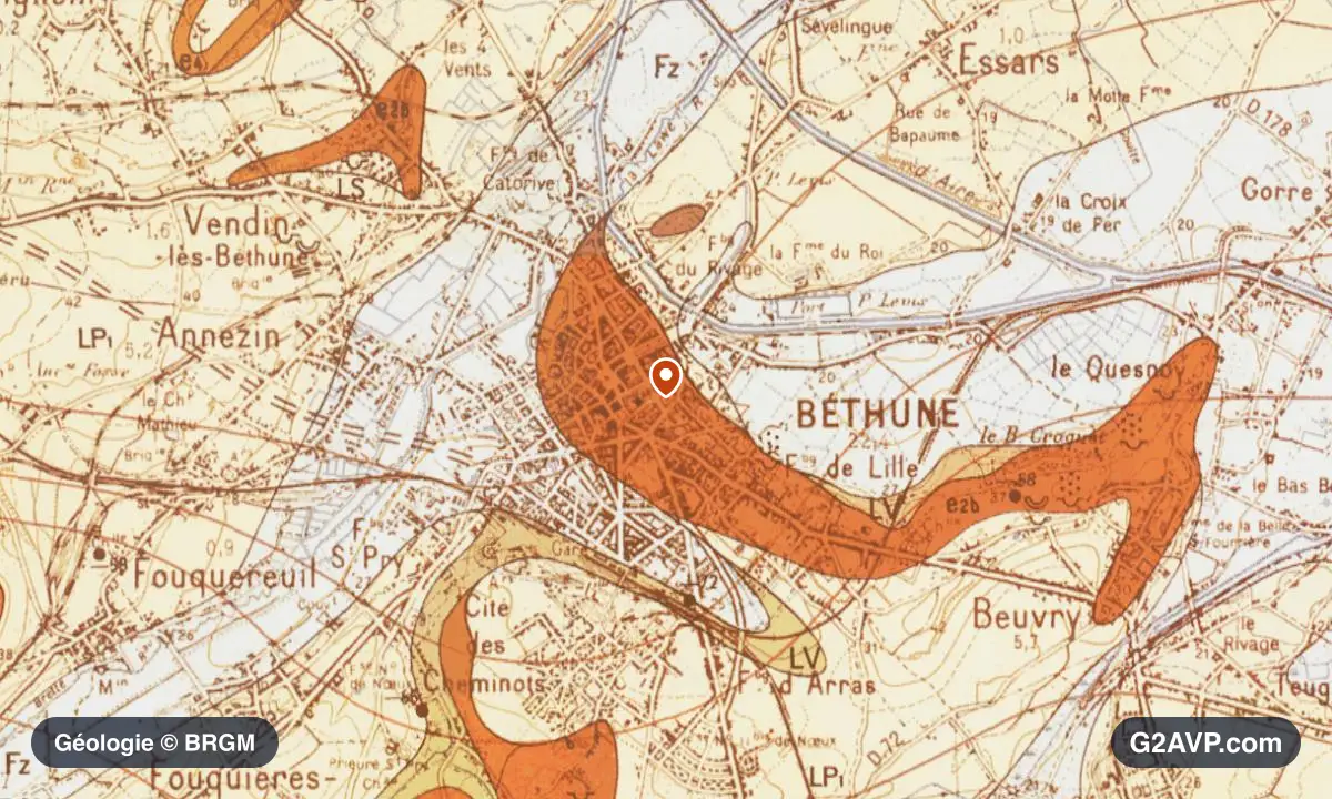 Carte géologique BRGM au 1/50 000 du secteur de Béthune : argiles en formations dominantes, repère au centre de la commune