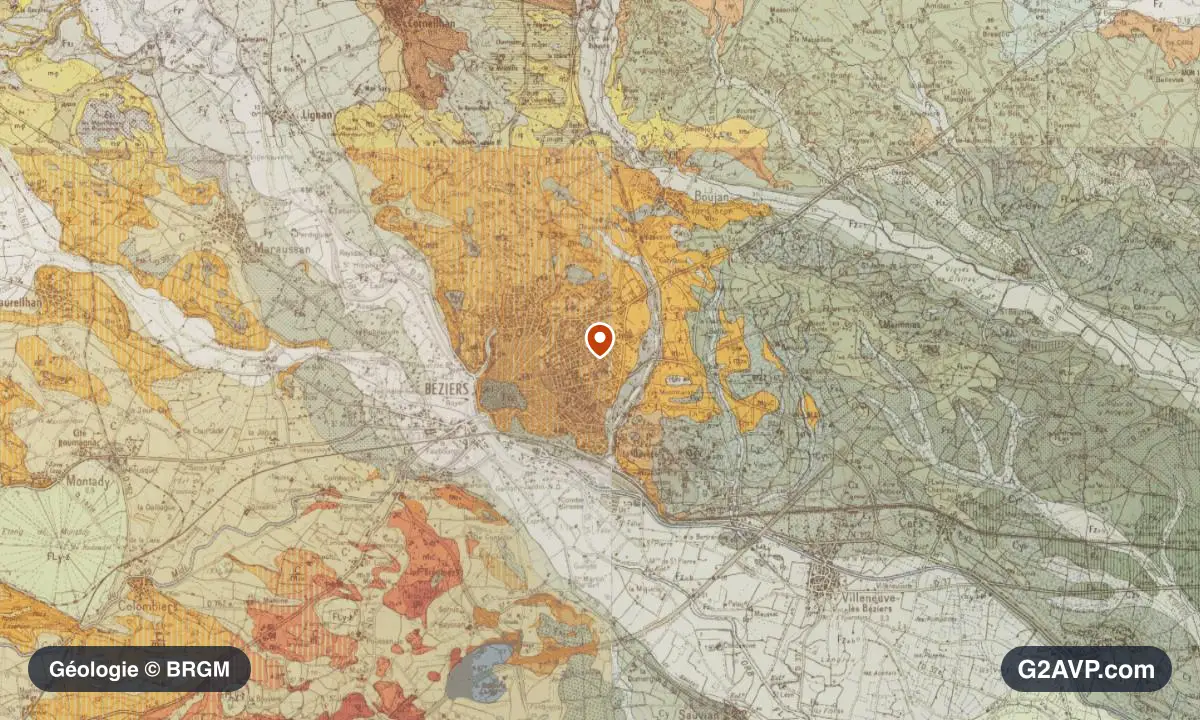 Carte géologique BRGM au 1/50 000 du secteur de Béziers : argiles en formations dominantes, repère au centre de la commune