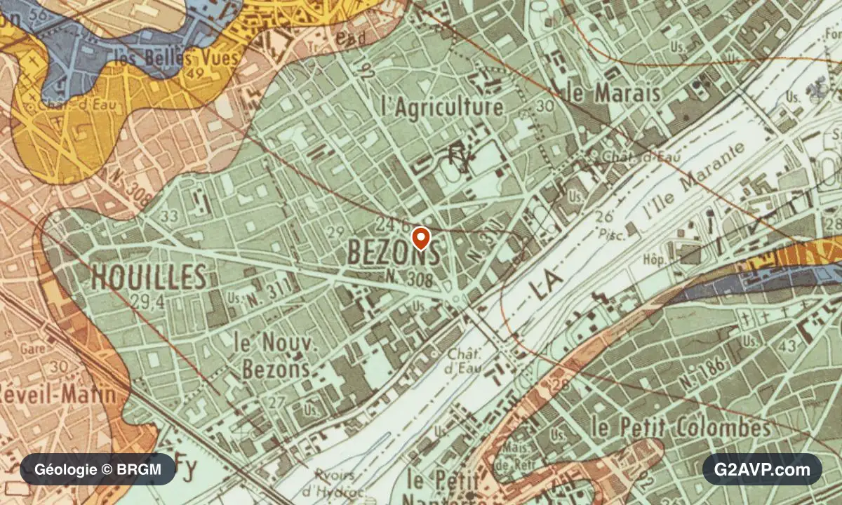 Carte géologique BRGM au 1/50 000 du secteur de Bezons : calcaires, marnes et gypse en formations dominantes, repère au centre de la commune