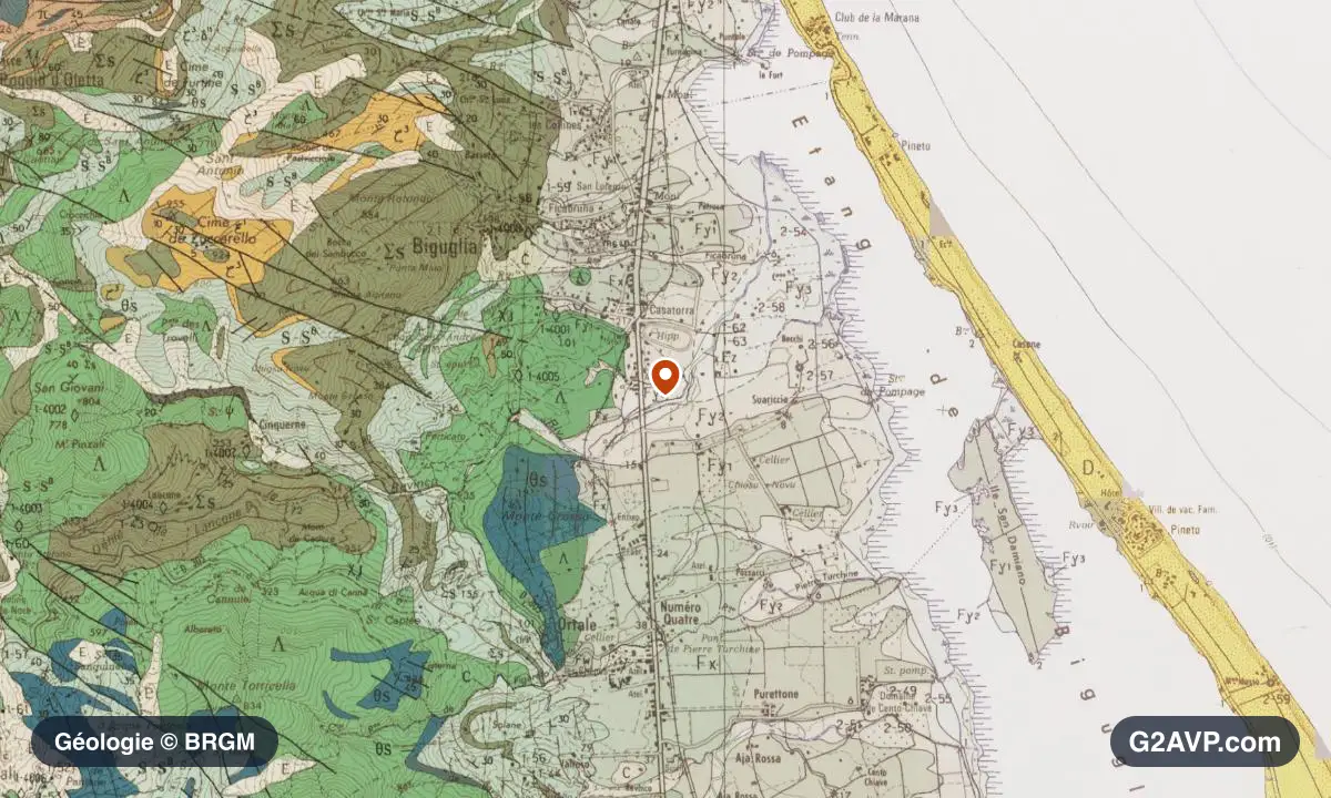 Carte géologique BRGM au 1/50 000 du secteur de Biguglia : ophiolites en formations dominantes, repère au centre de la commune