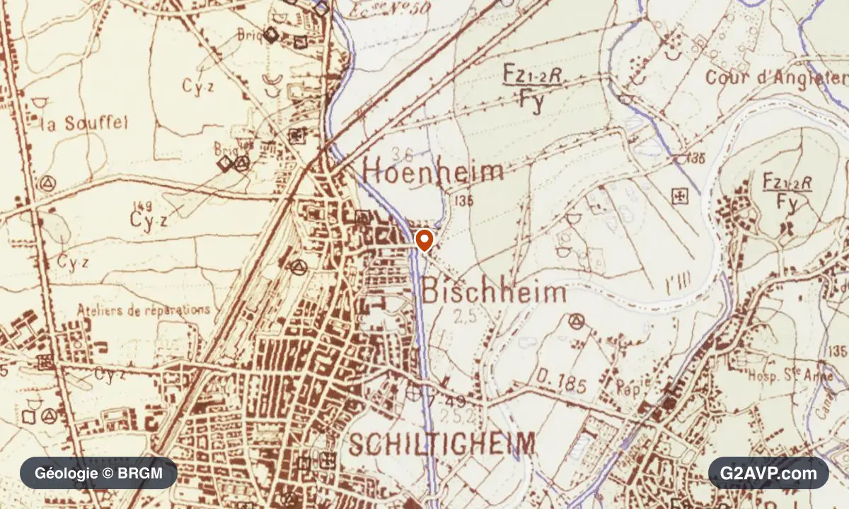 Carte géologique BRGM au 1/50 000 du secteur de Bischheim : sables en formations dominantes, repère au centre de la commune