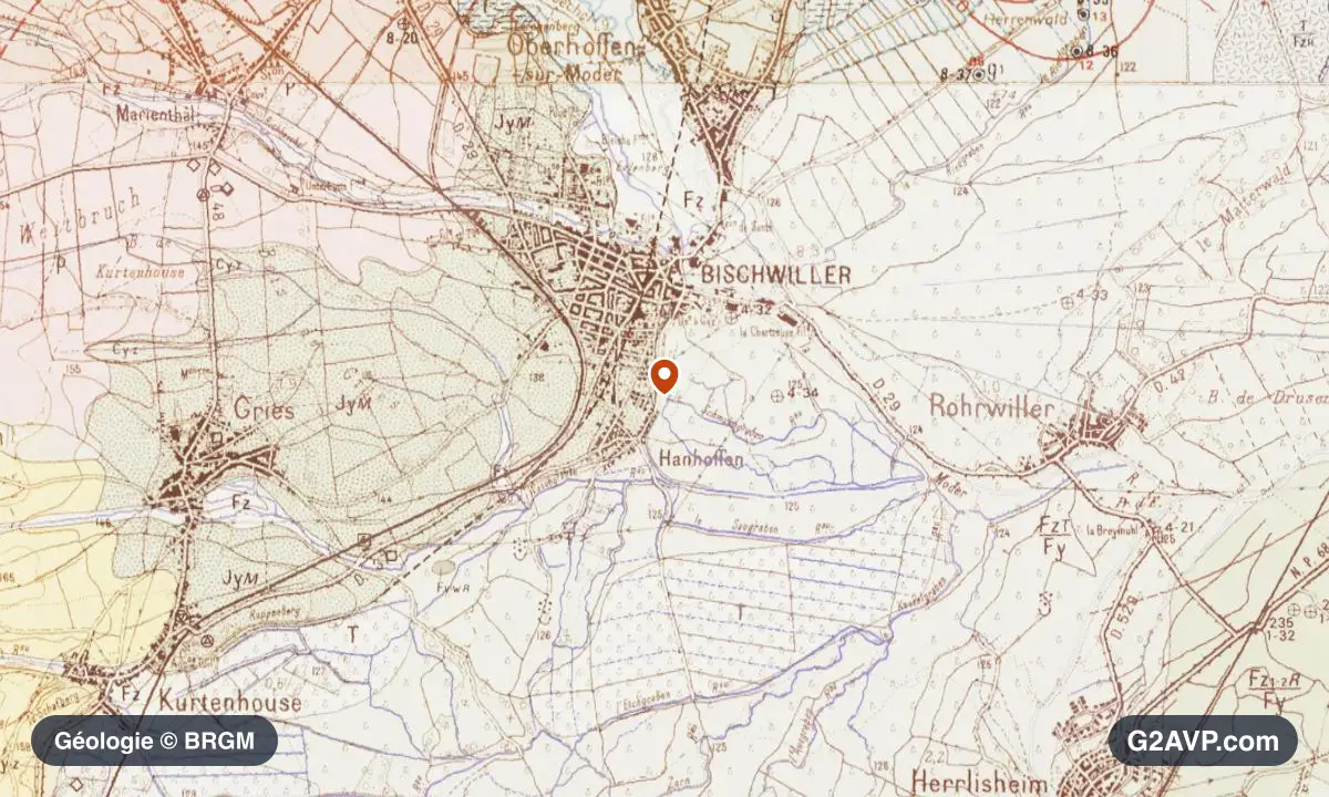 Carte géologique BRGM au 1/50 000 du secteur de Bischwiller : sables en formations dominantes, repère au centre de la commune