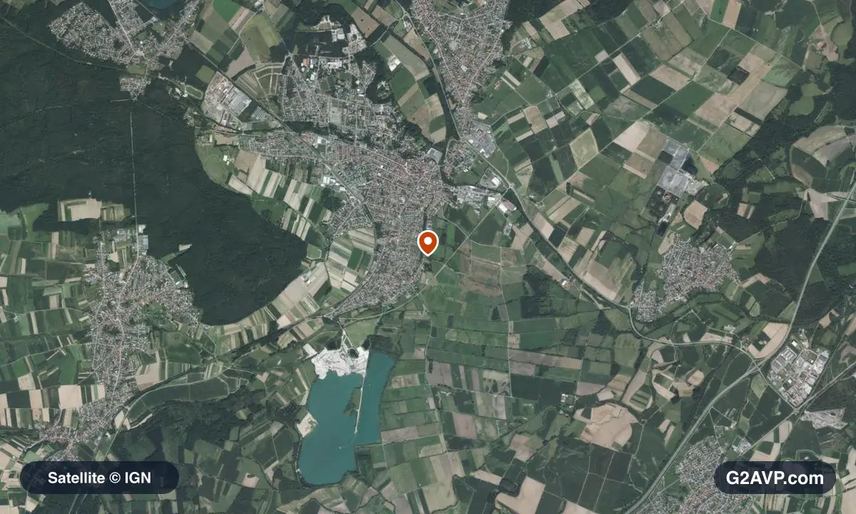 Vue satellite (orthophoto IGN) du secteur de Bischwiller, même emprise que la carte géologique