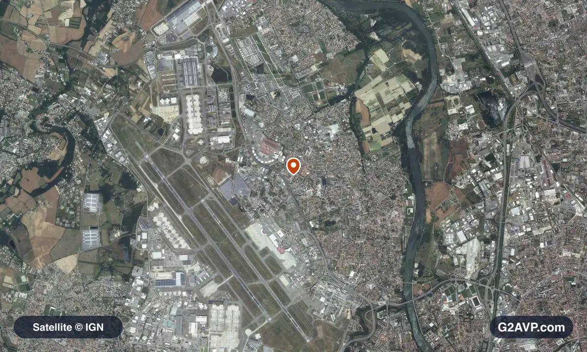 Vue satellite (orthophoto IGN) du secteur de Blagnac, même emprise que la carte géologique