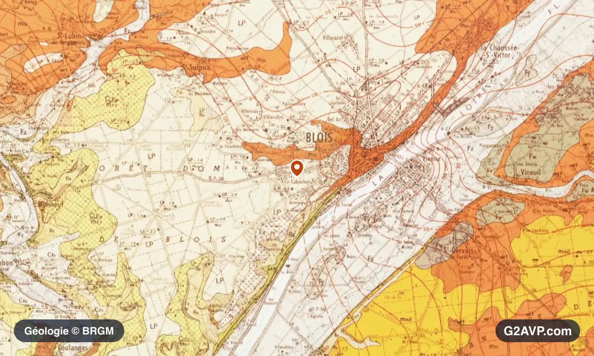 Carte géologique BRGM au 1/50 000 du secteur de Blois : calcaires, marnes et gypse en formations dominantes, repère au centre de la commune