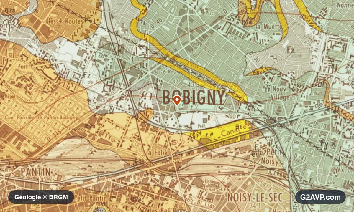 Carte géologique BRGM au 1/50 000 du secteur de Bobigny : argiles en formations dominantes, repère au centre de la commune