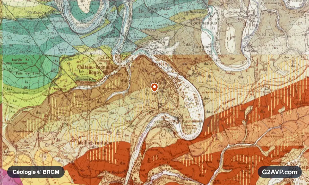 Carte géologique BRGM au 1/50 000 du secteur de Bogny-sur-Meuse : grès en formations dominantes, repère au centre de la commune