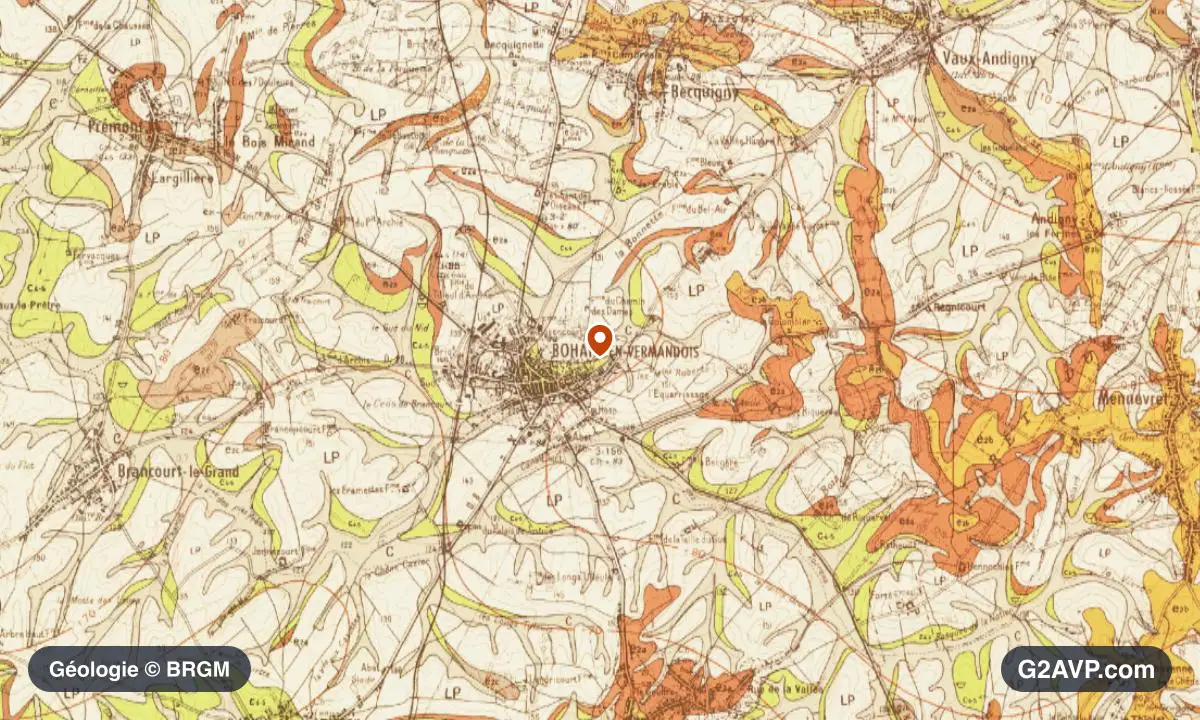 Carte géologique BRGM au 1/50 000 du secteur de Bohain-en-Vermandois : craie en formations dominantes, repère au centre de la commune