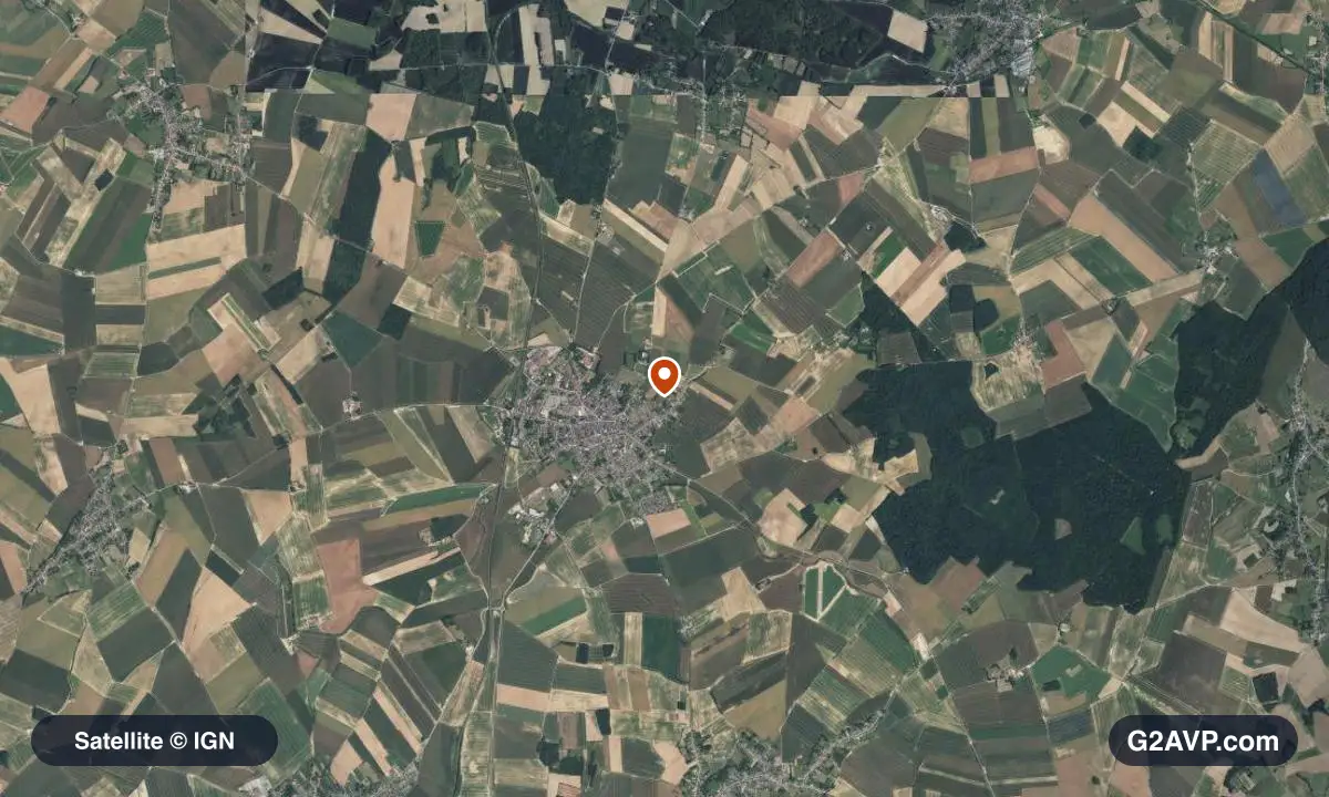 Vue satellite (orthophoto IGN) du secteur de Bohain-en-Vermandois, même emprise que la carte géologique