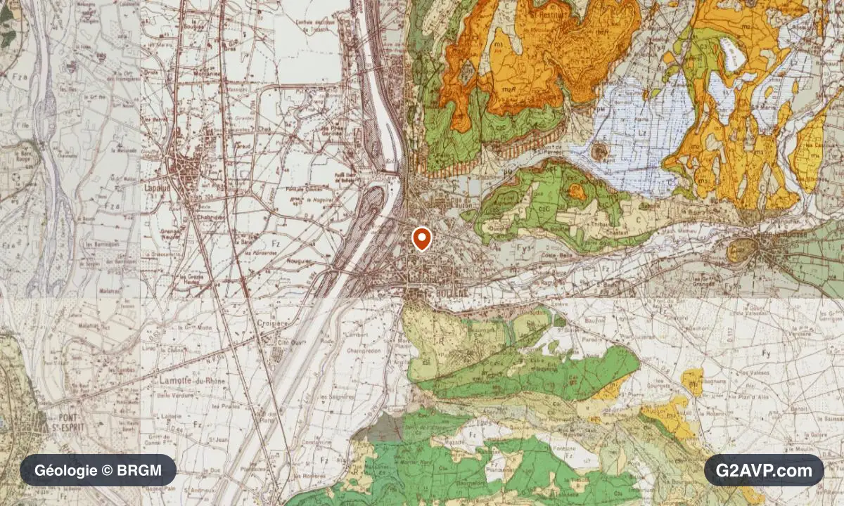 Carte géologique BRGM au 1/50 000 du secteur de Bollène : sables en formations dominantes, repère au centre de la commune