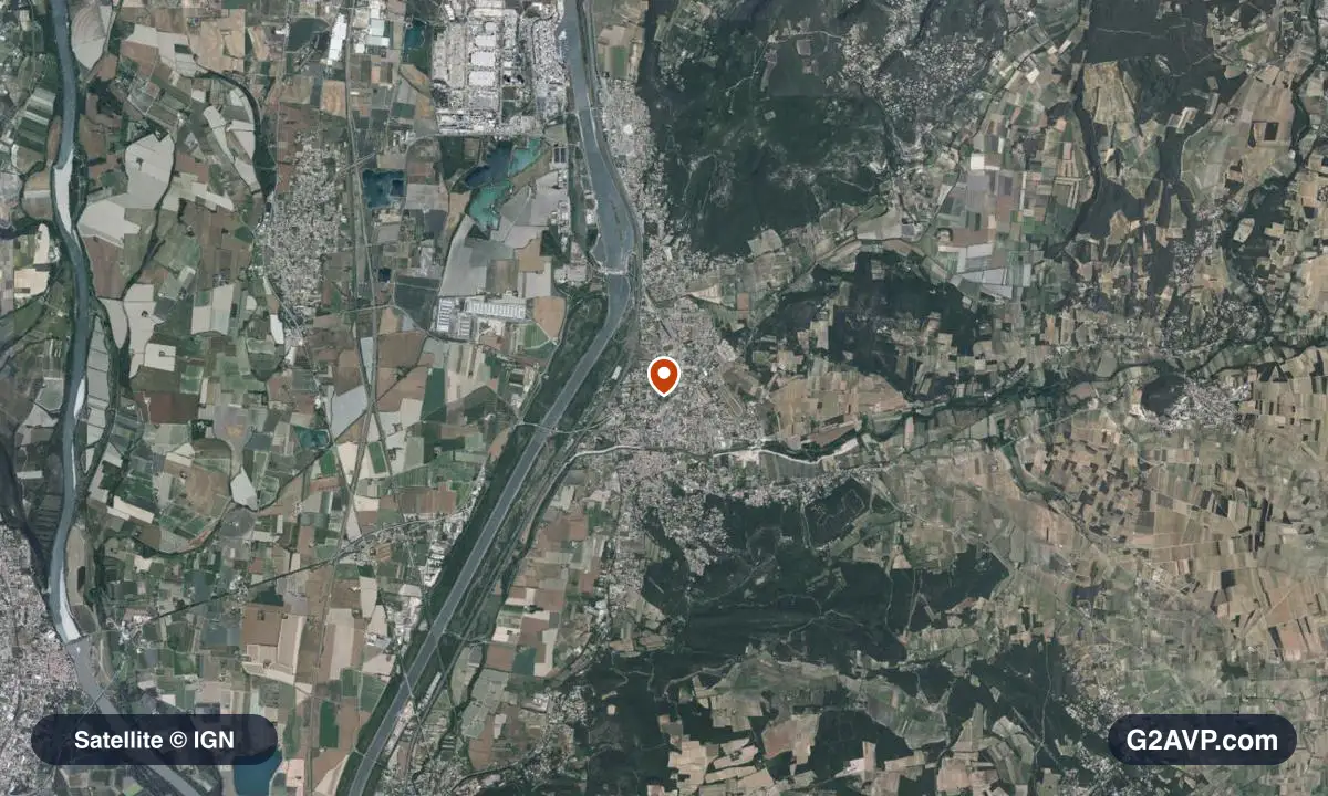Vue satellite (orthophoto IGN) du secteur de Bollène, même emprise que la carte géologique