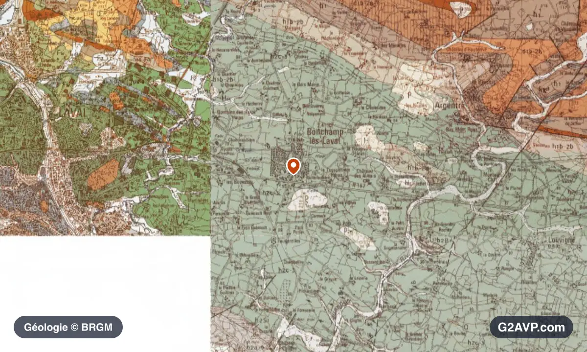 Carte géologique BRGM au 1/50 000 du secteur de Bonchamp-lès-Laval : schistes et grès en formations dominantes, repère au centre de la commune