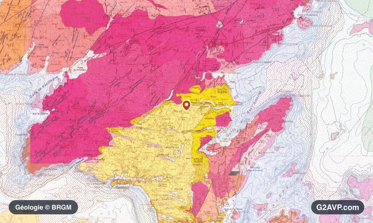 Carte géologique BRGM au 1/50 000 du secteur de Bonifacio : granites en formations dominantes, repère au centre de la commune