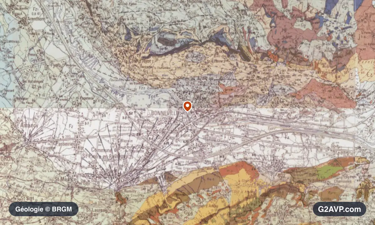 Carte géologique BRGM au 1/50 000 du secteur de Bonneville : grès en formations dominantes, repère au centre de la commune