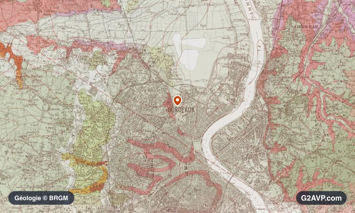 Carte géologique BRGM au 1/50 000 du secteur de Bordeaux : argiles en formations dominantes, repère au centre de la commune