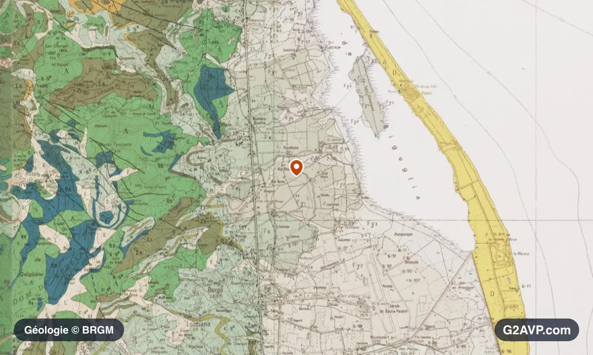 Carte géologique BRGM au 1/50 000 du secteur de Borgo : ophiolites en formations dominantes, repère au centre de la commune