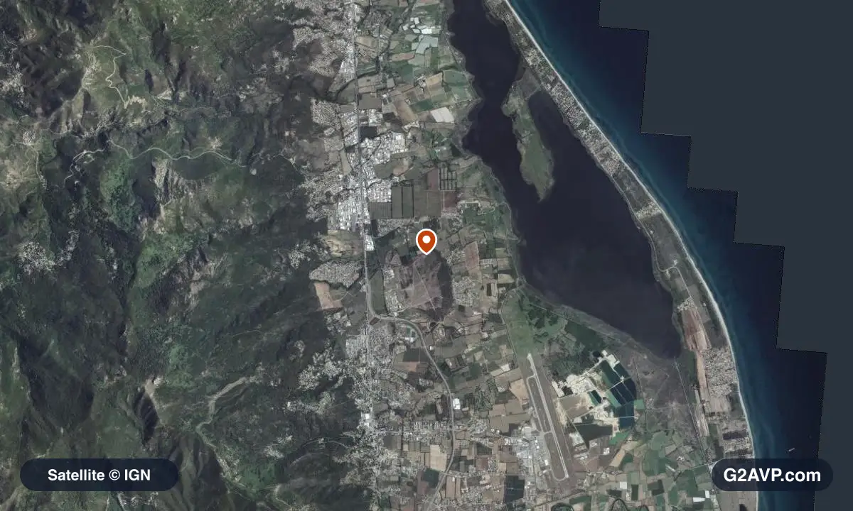 Vue satellite (orthophoto IGN) du secteur de Borgo, même emprise que la carte géologique